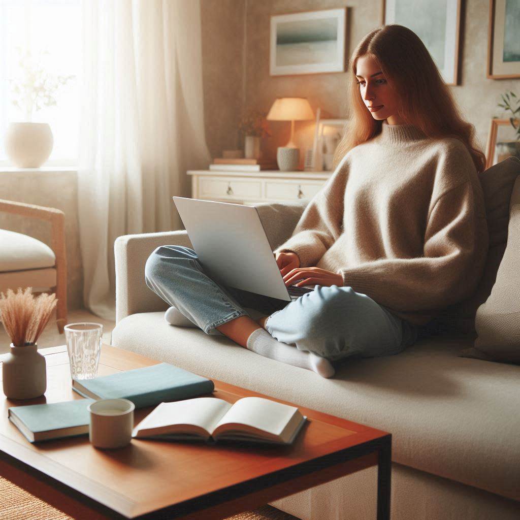 Person taking an online autism test on a laptop in a calm, comfortable setting.